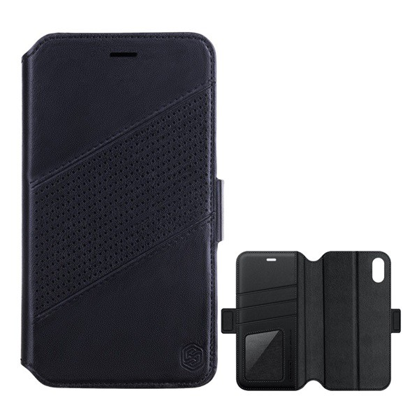 NILLKIN FOLIO tok álló, bőr (FLIP, oldalra nyíló, kivehető műanyag telefonvédő, lyukacsos, mágneses rögzítés) FEKETE [Apple iPhone XS Max 6.5] (5996457823550)
