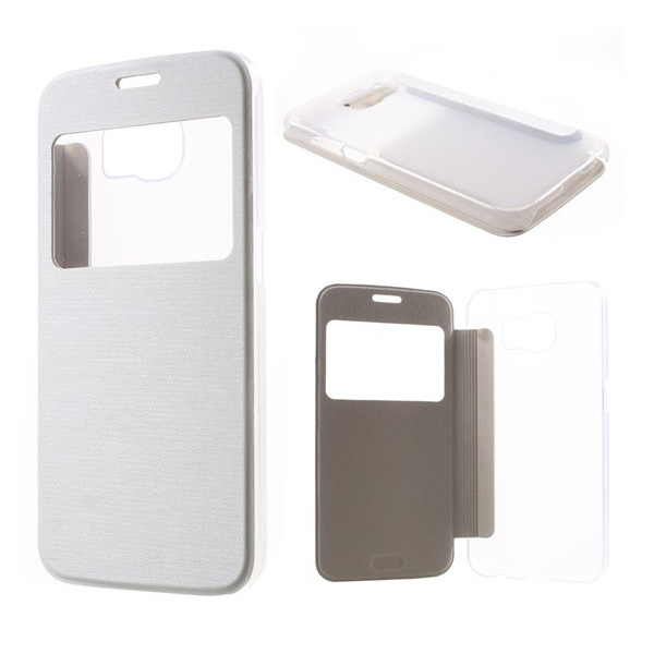 Tok álló, bőr hatású (FLIP, oldalra nyíló, átlátszó hátlap, S-View Cover, szálcsiszolt mintázat) FEHÉR [Samsung Galaxy S6 (SM-G920)] (5996457529759)