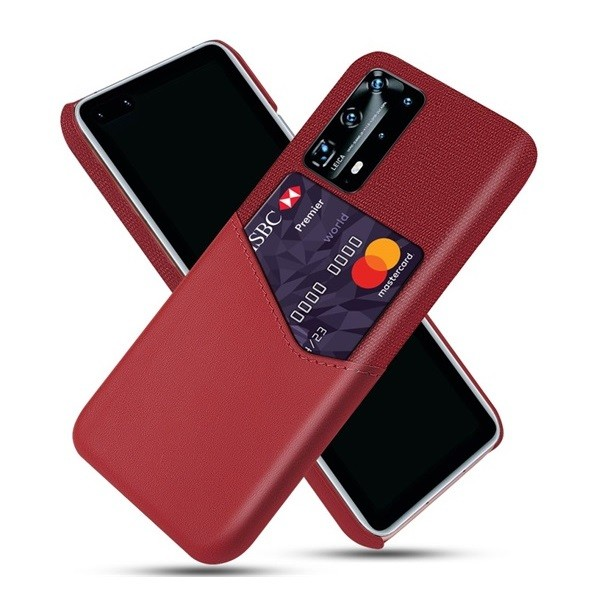 Huawei P40, Műanyag hátlap védőtok, közepesen ütésálló, textil bevonat, bőrhatású hátlap, kártyatartóval, piros (G99075)