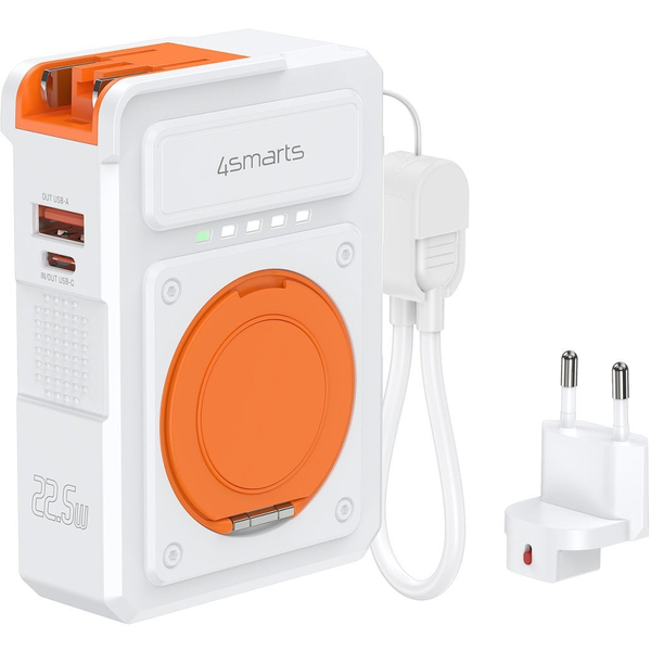 Hybrid charger 4smarts 6-in-1 USB-C/USB-A PD 22.5W with 10,000 mAh power bank, Qi wireless charging,