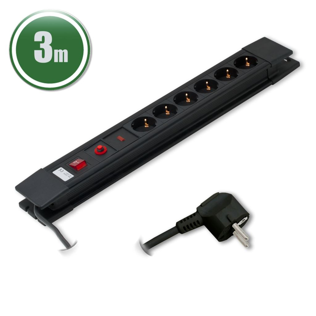 Delight hálózati elosztó túláram védelemmel 6 aljzat 3m fekete (20249) (Delight-20249)