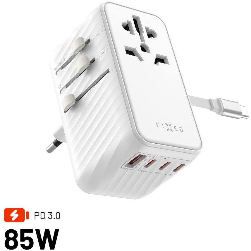 FIXED Voyager Travel GaN PD 85W EU UK és USA/AUS számára 4x USB-C és 1x USB, fehér (FIXCT85-4C1A-WH)