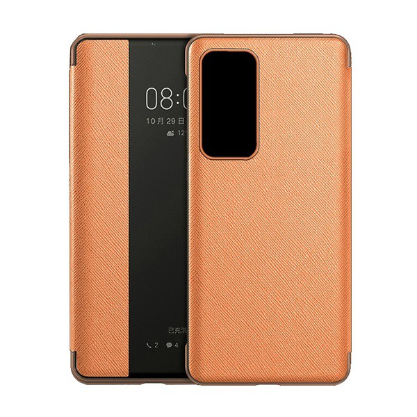 Tok álló, bőr hatású (aktív FLIP, oldalra nyíló, View Window, textil minta) BARNA [Huawei P40] (5996457968572)