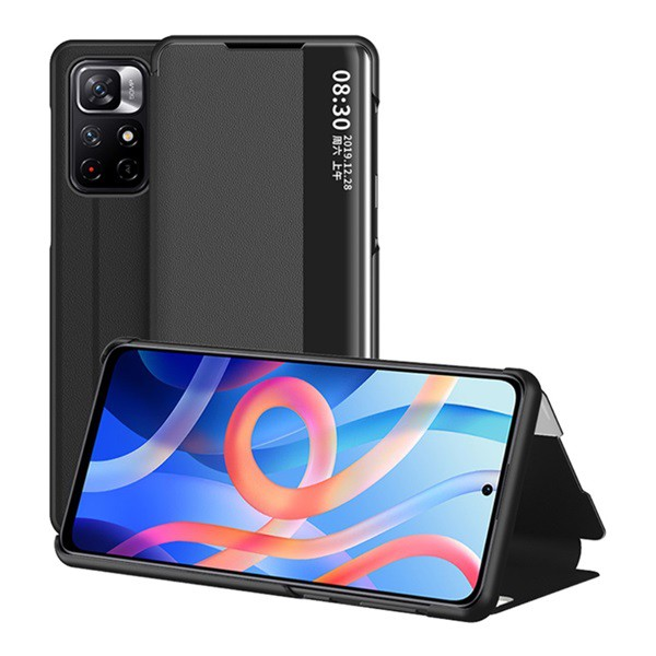 Tok álló, bőr hatású (aktív FLIP, oldalra nyíló, asztali tartó funkció, hívószámkijelzés, View Window) FEKETE [Xiaomi Poco M4 Pro 5G] (5996591116099)