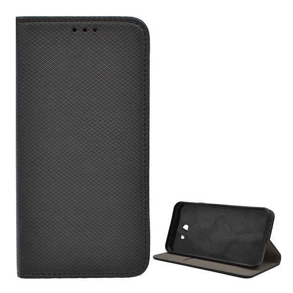 Tok álló, bőr hatású (FLIP, oldalra nyíló, asztali tartó funkció, rombusz minta) FEKETE [Samsung Galaxy J4 Plus (SM-J415F)]