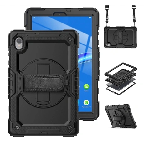 Defender műanyag telefonvédő (ütésállóság, kitámasztó, 360° + kézpánt) FEKETE Lenovo Tab M10 FHD Plus (TB-X606X) "Gigapack csomagolás" (GP-129257)