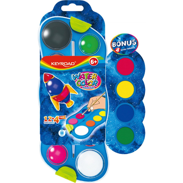 Keyroad Vízfesték készlet, 12+4 cserélhető színnel, ecsettel, műanyag dobozban,  (KR971611)