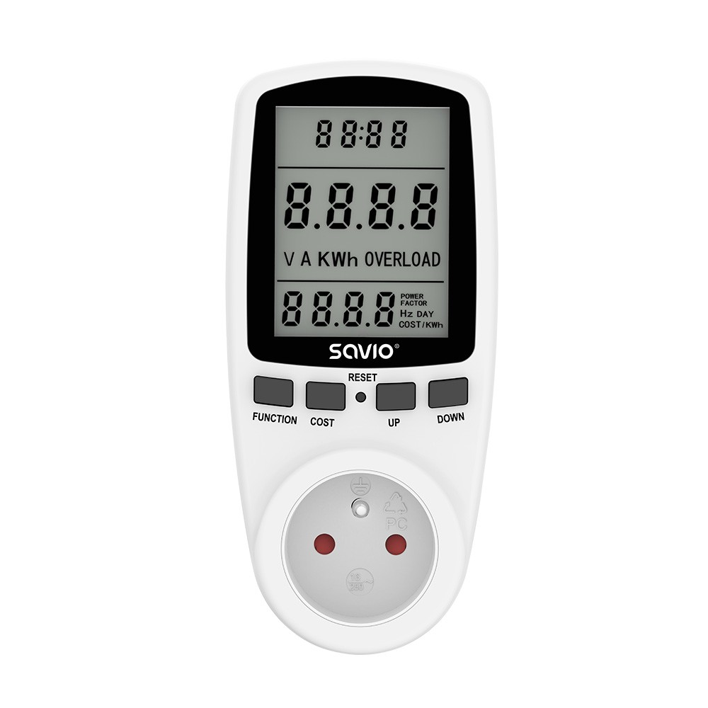 Wattmeter SAVIO LCD AE-01 dugalj fogyasztásmérővel - Fehér (SAVAE-01)