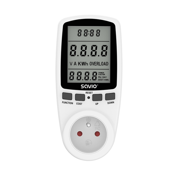 Wattmeter SAVIO LCD AE-01 dugalj fogyasztásmérővel - Fehér