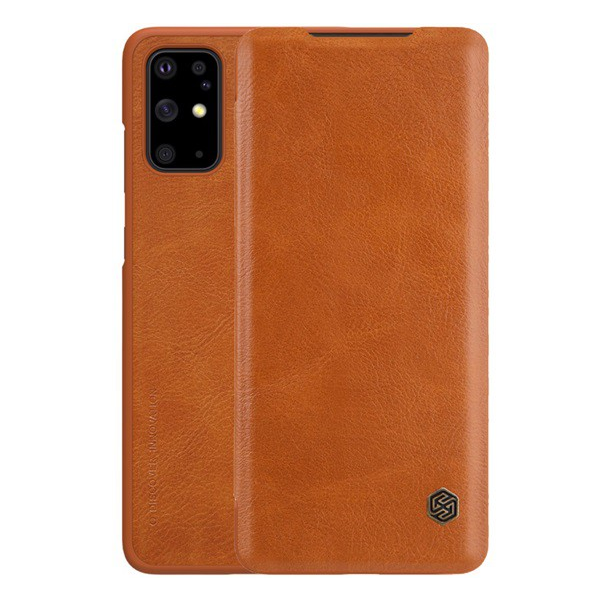 NILLKIN Samsung Galaxy S2 Plus 5G SM-G986 QIN калъф стоящ, кожен ефект FLIP, странично отваряне, поставка за банкова карта, кафяв