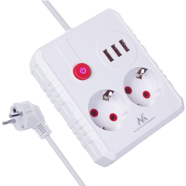 Razdelilec podaljšek MacLean MCE387W s 2 vtičnicami + 3xUSB, 1.5m, bel