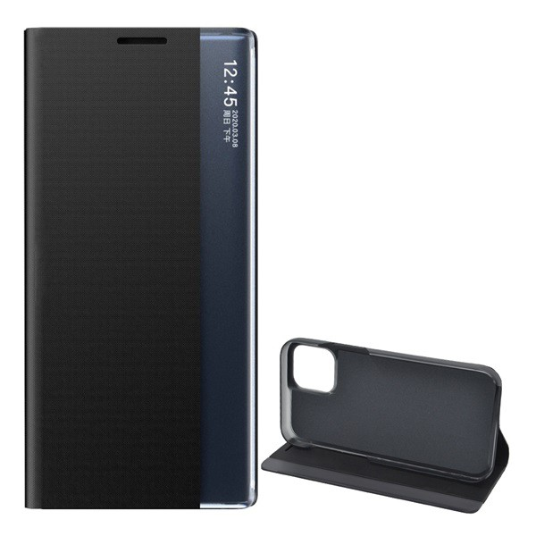 Tok álló, textil hatású (aktív FLIP, oldalra nyíló, asztali tartó funkció, Smart View Cover) FEKETE [Apple iPhone 12 Pro] (5996591021263)