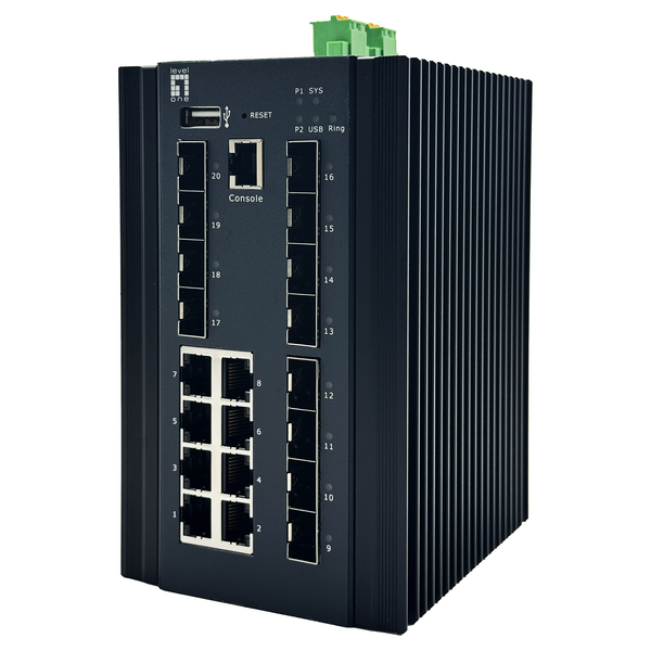 Levelone 55054907101 IGU-2072 20-Port L2Plus Managed Gigabit Industrial Switch, 8x RJ45, 8x SFP