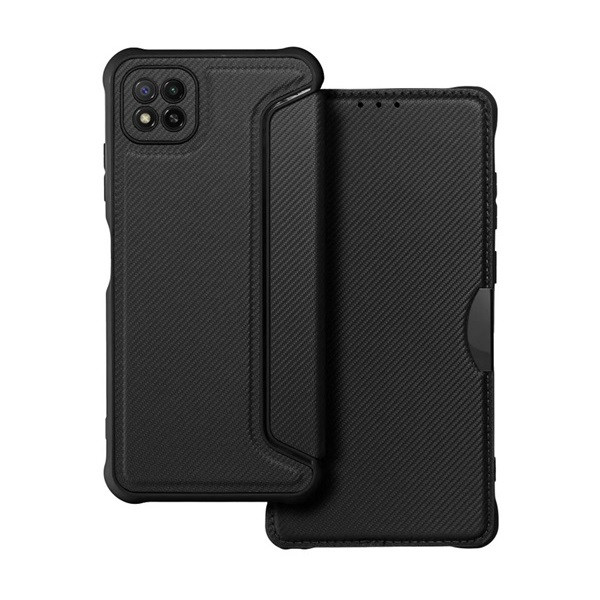 Samsung Galaxy A22 5G SM-A226B, калъф със странично отваряне, ъгъл с въздушна възглавница, кожен ефект, карбонов модел, Razor Book, черен (RS129167)