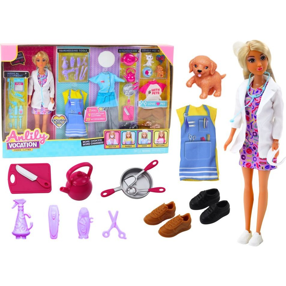 Anlily 4in1 Baba - Doktor, Fodrász, Szakács és Állatorvos Kiegészítőkkel (16918)