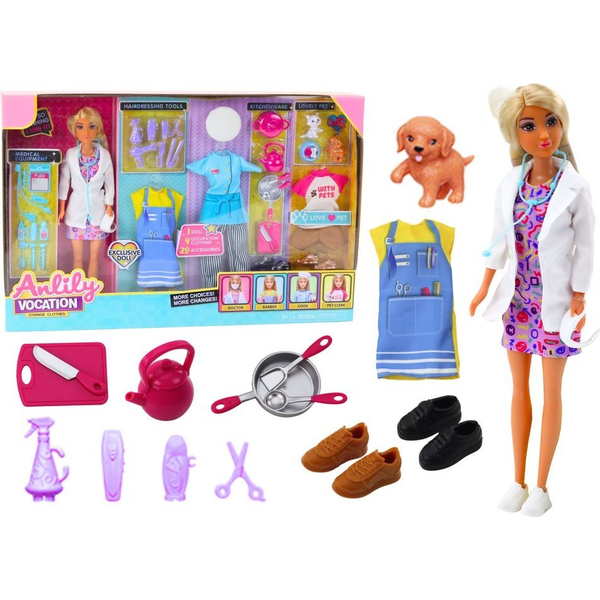 Anlily 4in1 Baba - Doktor, Fodrász, Szakács és Állatorvos Kiegészítőkkel
