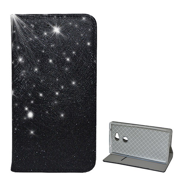 Tok álló, bőr hatású (FLIP, szilikon belső, oldalra nyíló, asztali tartó funkció, csillogó, fémes minta) FEKETE [Sony Xperia L2 (H4311)] (5996457751570)
