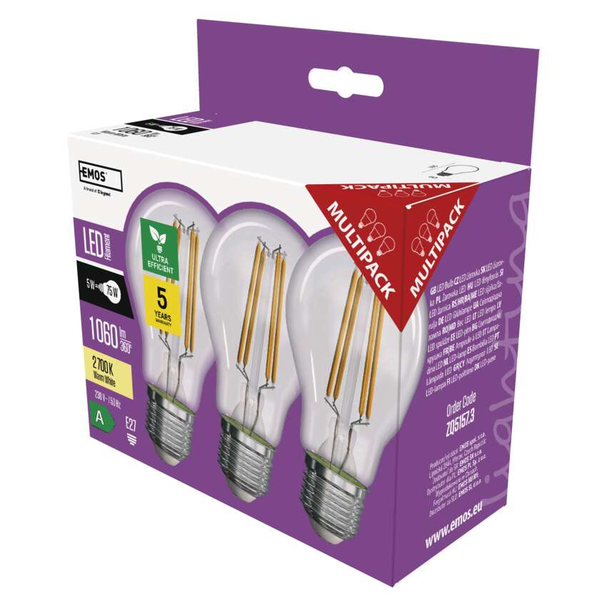 EMOS LED izzó Filament A60-körte / E27 / 5 W (75 W) / 1 060 lm / meleg fehér. 3db/doboz (DBKF-EMZF5157-3)