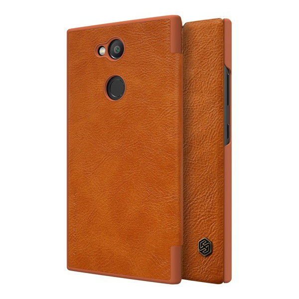 NILLKIN QIN tok álló, bőr hatású (FLIP, oldalra nyíló, bankkártya tartó) BARNA [Sony Xperia L2 (H4311)]