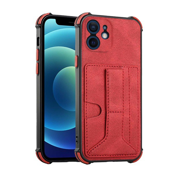 Szilikon telefonvédő (közepesen ütésálló, bőr hatású, bankkártya tartó, asztali tartó funkció + kézpánt) PIROS [Apple iPhone 12 mini] (5996591108063)
