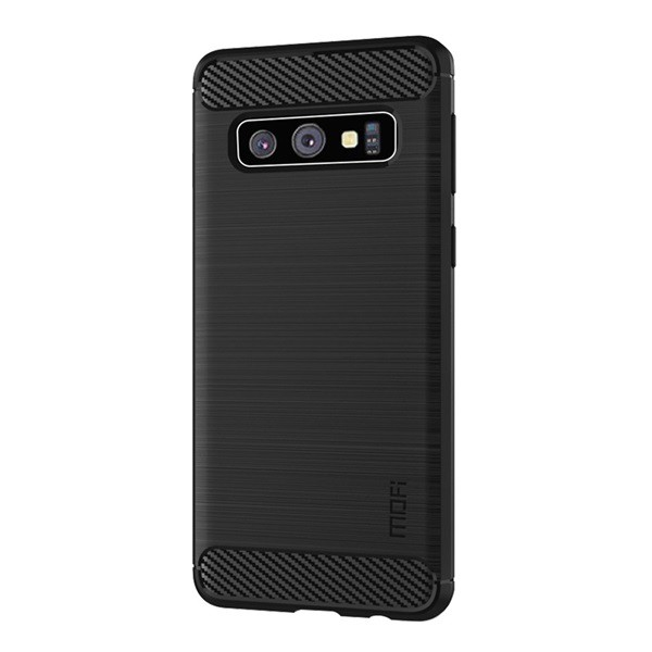 MOFI szilikon telefonvédő (közepesen ütésálló, légpárnás sarok, szálcsiszolt, karbon minta) FEKETE [Samsung Galaxy S10 (SM-G973)] (5996457850259)