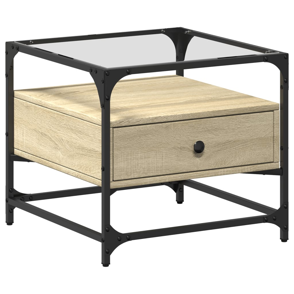 sonoma tölgy színű acél dohányzóasztal üveglappal 50x50x45 cm (846050)