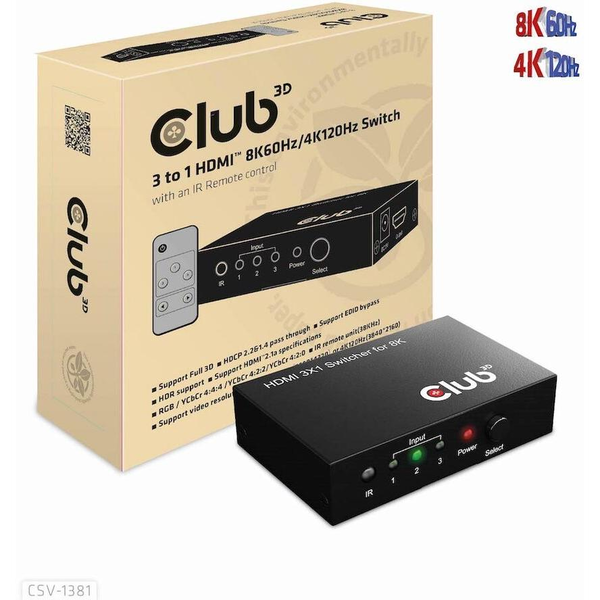 CLUB3D 3 to 1 HDMI 8K60Hz Switch KVM превключвател Черен