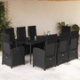Set mobilier de grădină cu perne, 9 piese, negru, poliratan