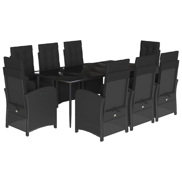 Set mobilier de grădină cu perne, 9 piese, negru, poliratan
