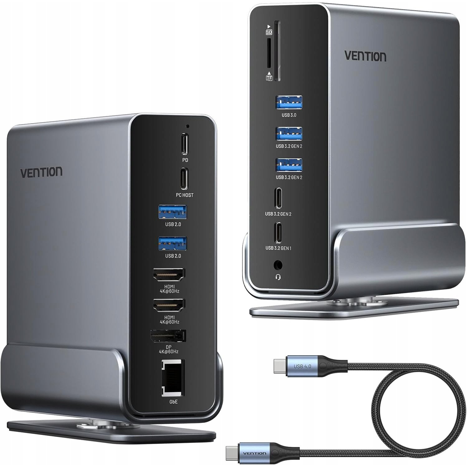 Vention USB-C -> Displayport/HDMI x 2/USB 3.2 Gen 2 USB-C/USB 3.2 Gen 2 Type-A x 2/USB 3.2 Gen 1 USB-C/USB 3.0/USB 2.0 x 2/RJ45/SD/TF/3.5mm TRRS/PD MST (0,15m Szürke Aluminum Ötvözet) Dokkoló (TPUH0)