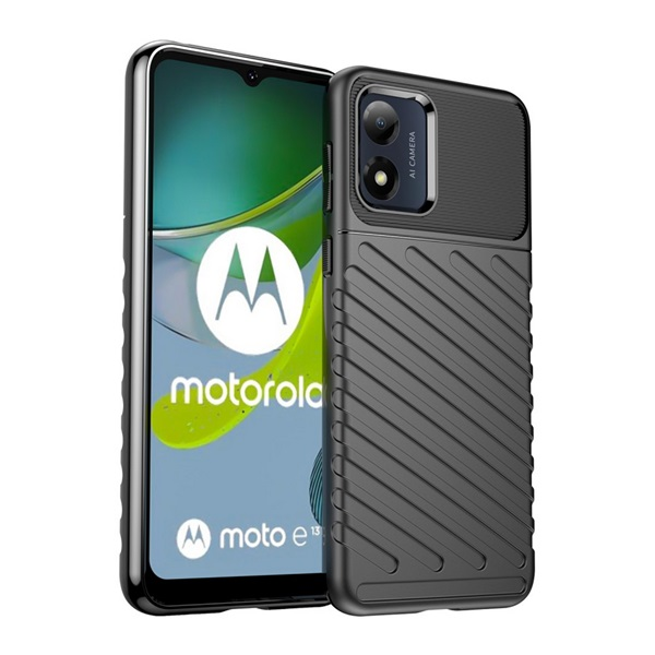 Szilikon telefonvédő (ütésállóság, csíkos, dombor minta) FEKETE Motorola Moto E13 (XT-2345) "Gigapack csomagolás" (GP-136729)