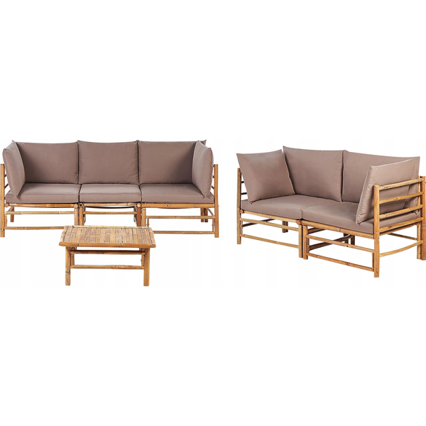 Conjunto Esquinero Modular De Jardín De 6 Piezas Con Un Sofá De 2 Plazas, Un Sofá De 3 Plazas Y Mesa De Centro De Bambú Natural Cojines Gris Pardo Cerreto