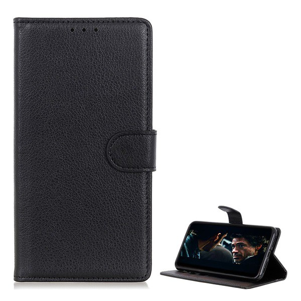 Tok álló, bőr hatású (FLIP, oldalra nyíló, asztali tartó funkció, prémium) FEKETE [Samsung Galaxy A70 (SM-A705F)]