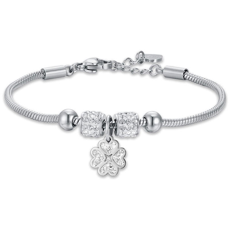 Girl's steel bracelet with heart four-leaf clover and white crystals (8056284128918)