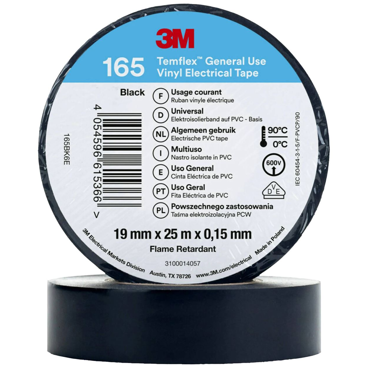 3M Temflex 165 165BK6E vinil szigetelőszalag, fekete, 25 m x 19 mm (165BK6E)