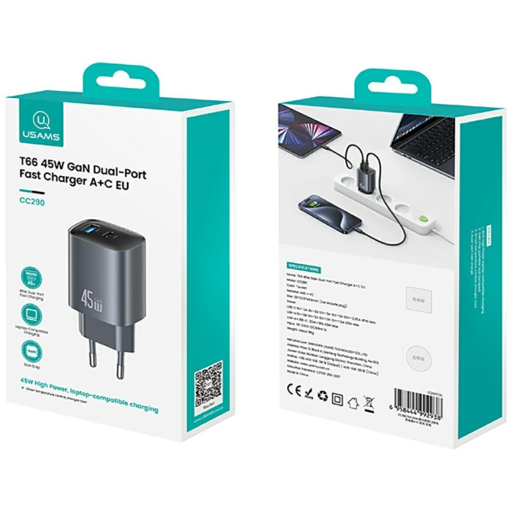 Usams CC290 hálózati töltő USB+Type-C aljzat (45W, GaN, PD gyorstöltő) EZÜST (CC290TC03) (CC290TC03)