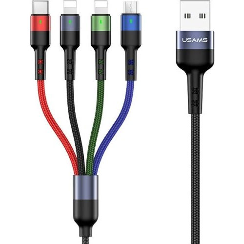 Usams U26 adatkábel 4in1 (USB - 2 lightning/Type-C/microUSB, 2A, gyorstöltő, 35cm) FEKETE (SJ411USB01)