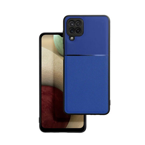 Protector din plastic pentru telefon Samsung Galaxy A12 (Sm-A125F / Sm-A127F) (cadru din silicon, rezistent la impact mediu, placa metalica incorporata, husa din spate cu efect de piele, model in dungi) Albastru inchis