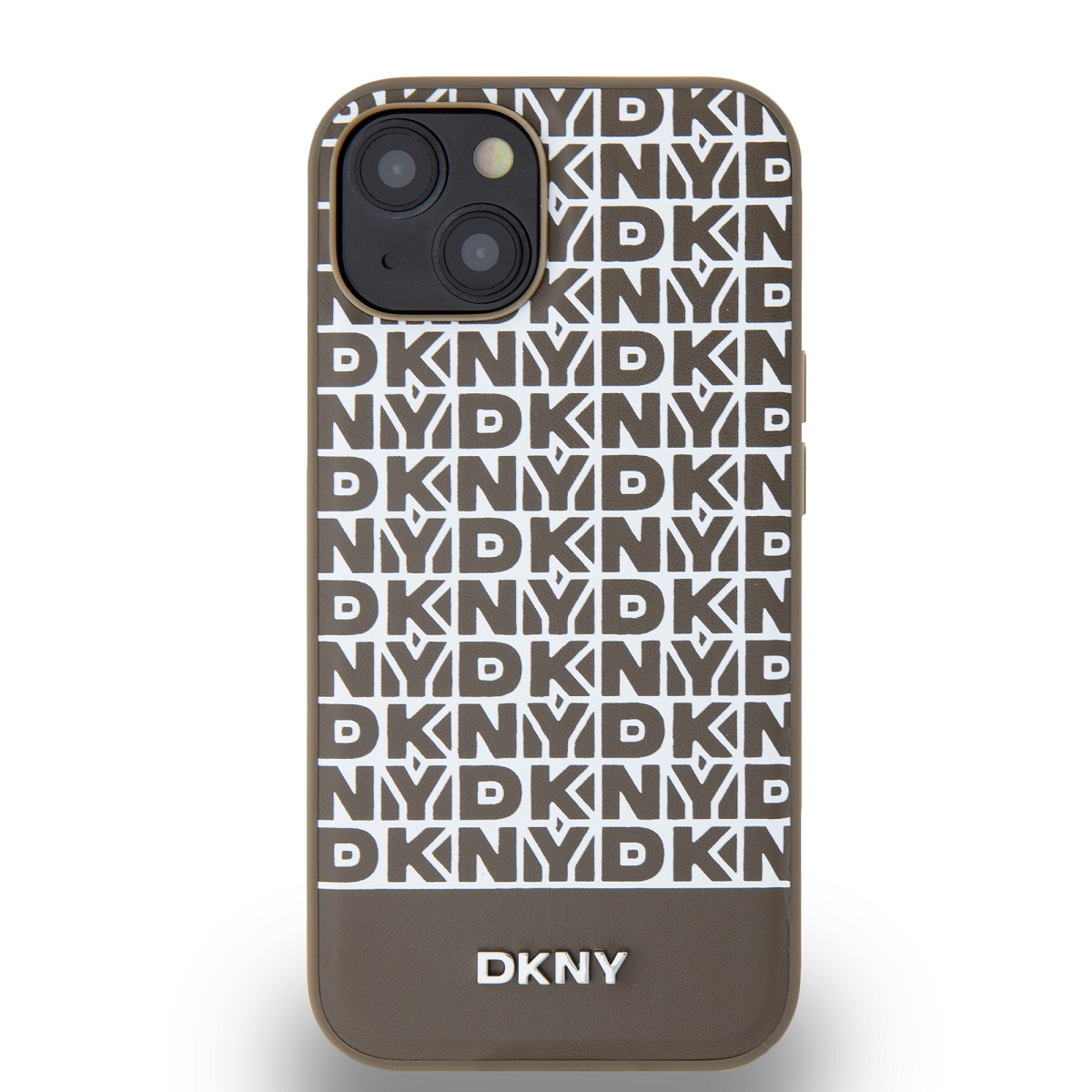 DKNY iPhone 15 MagSafe Ismétlődő mintás alsó csíkos PU Bőr Telefon tok - Barna (DKHMP15SPSOSPW)