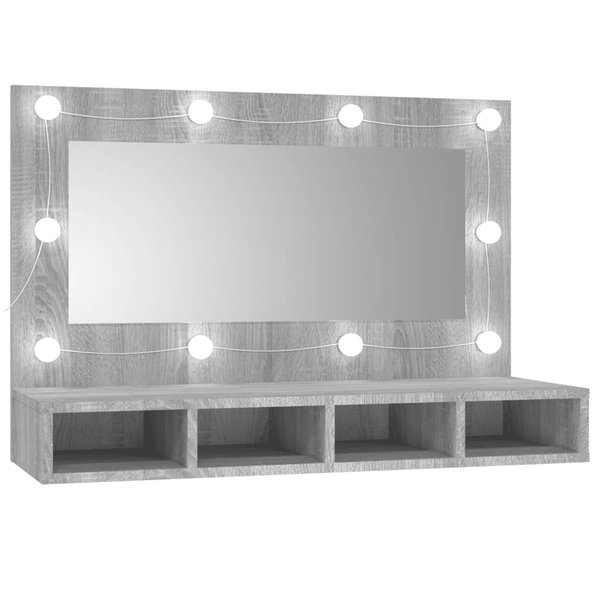 szürke sonoma színű tükrös szekrény LED-ekkel 90 x 31,5 x 62 cm