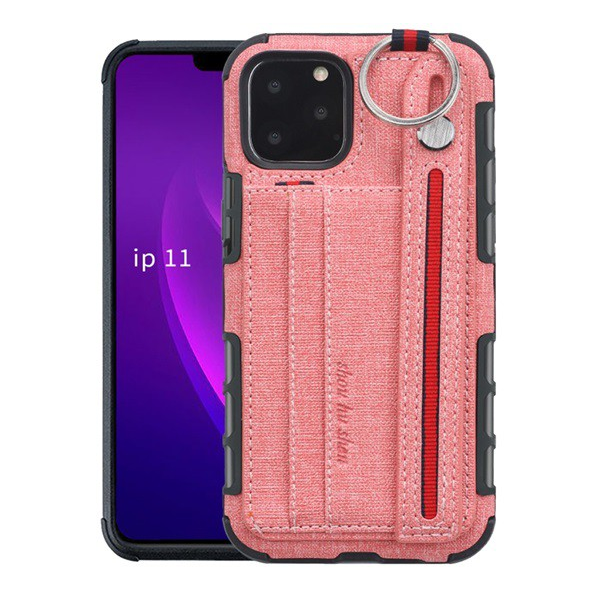 Szilikon telefonvédő (közepesen ütésálló, asztali tartó funkció, bankkártya tartó, textil hátlap + kézpánt) RÓZSASZÍN [Apple iPhone 11 Pro] (5996457957743)