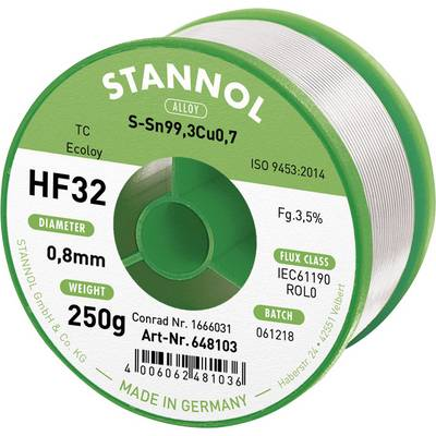 Stannol HF32 3,5% 0,8MM SN99CU0,7 CD 250G Forrasztóón, ólommentes Ólommentes Sn99.3Cu0.7 250 g 0.8 mm (648135)
