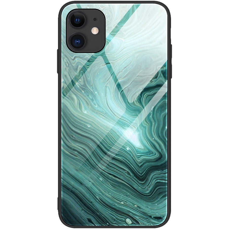 Xiaomi Redmi 8A, Szilikon védőkeret, edzett üveg hátlap, márvány minta, Wooze FutureCover, sötétzöld (91514)