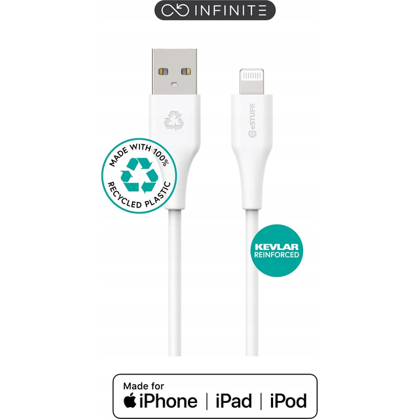 eSTUFF INFINITE kabel USB A-Lightning 1m, bel 5V/2.4A, 480Mbps, recikl. plastika