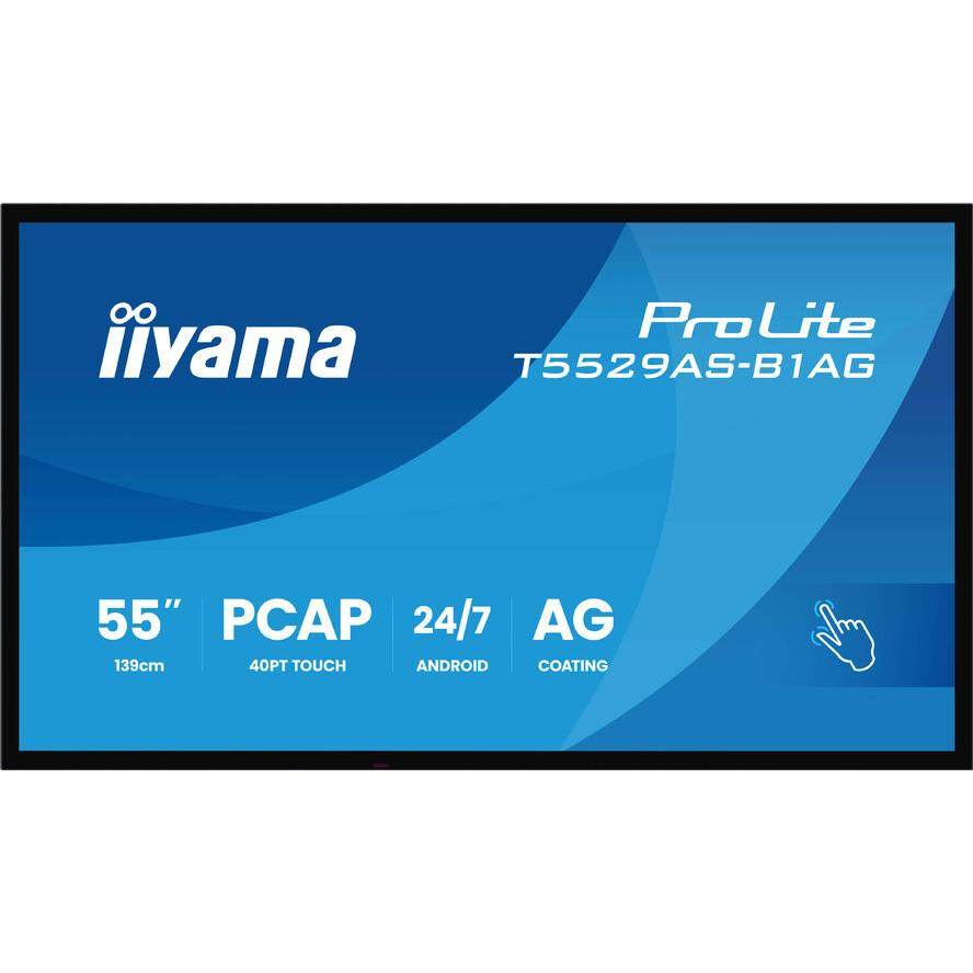 iiyama T5529AS-B1AG tartalomszolgáltató (signage) kijelző Interaktív síkképernyő 138,7 cm (54.6") LED Wi-Fi 500 cd/m² 4K Ultra HD Fekete Érintőképernyő Beépített processzor Android 24/7 (T5529AS-B1AG)