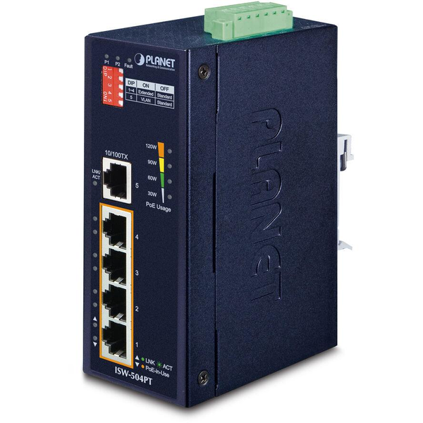 Přepínač Switch Průmyslový na DIN lištu 5x RJ45 100Mb/s 4xPoE