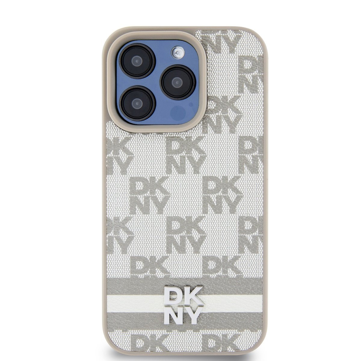 DKNY iPhone 13 Pro Max kockás mintás csíkkal PU Bőr Telefon tok - Bézs (DKHCP13XPCPTSSE)