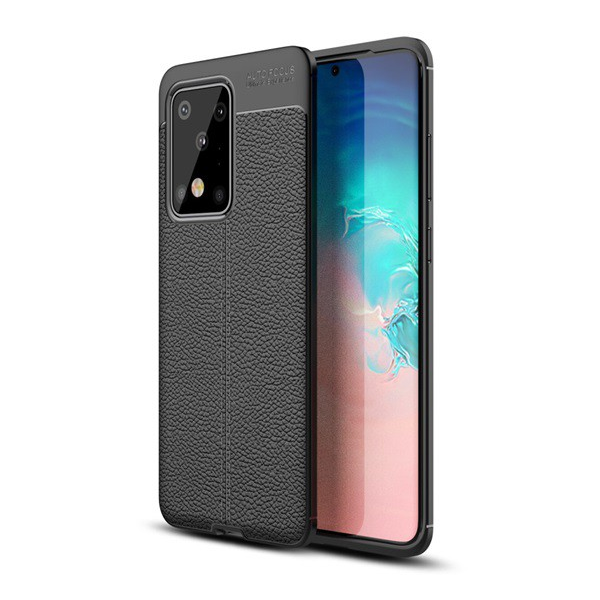 Szilikon telefonvédő (közepesen ütésálló, bőr hatású, varrás minta) FEKETE [Samsung Galaxy S20 Ultra 5G (SM-G988B)] (5996457934829)
