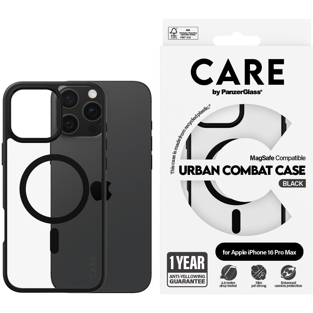 PanzerGlass CARE Apple iPhone 16 Pro Max MagSafe Urban Combat fekete/fekete nem sárguló tok (1360)