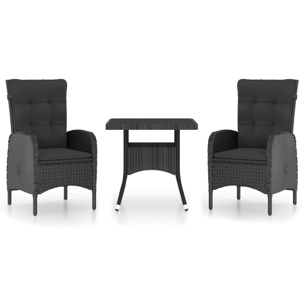3 részes fekete polyrattan és üveg kerti étkezőgarnitúra (3058526)